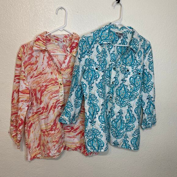 JM Collection 100% Linen Bundle Of Two Button Up Blouses Size 12 Pink Blue - Picture 1 of 9